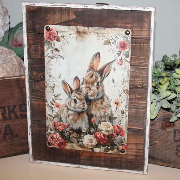 NEW Large Rustic Distressed Bunny Rabbit Pair & Wild Flower Farmhouse Wall Decor - Picture 6 of 6